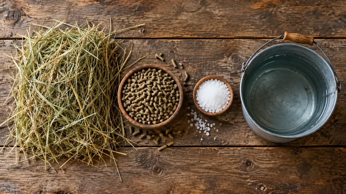 Feno, concentrado, sal mineral e água que compõem a dieta completa do cavalo
